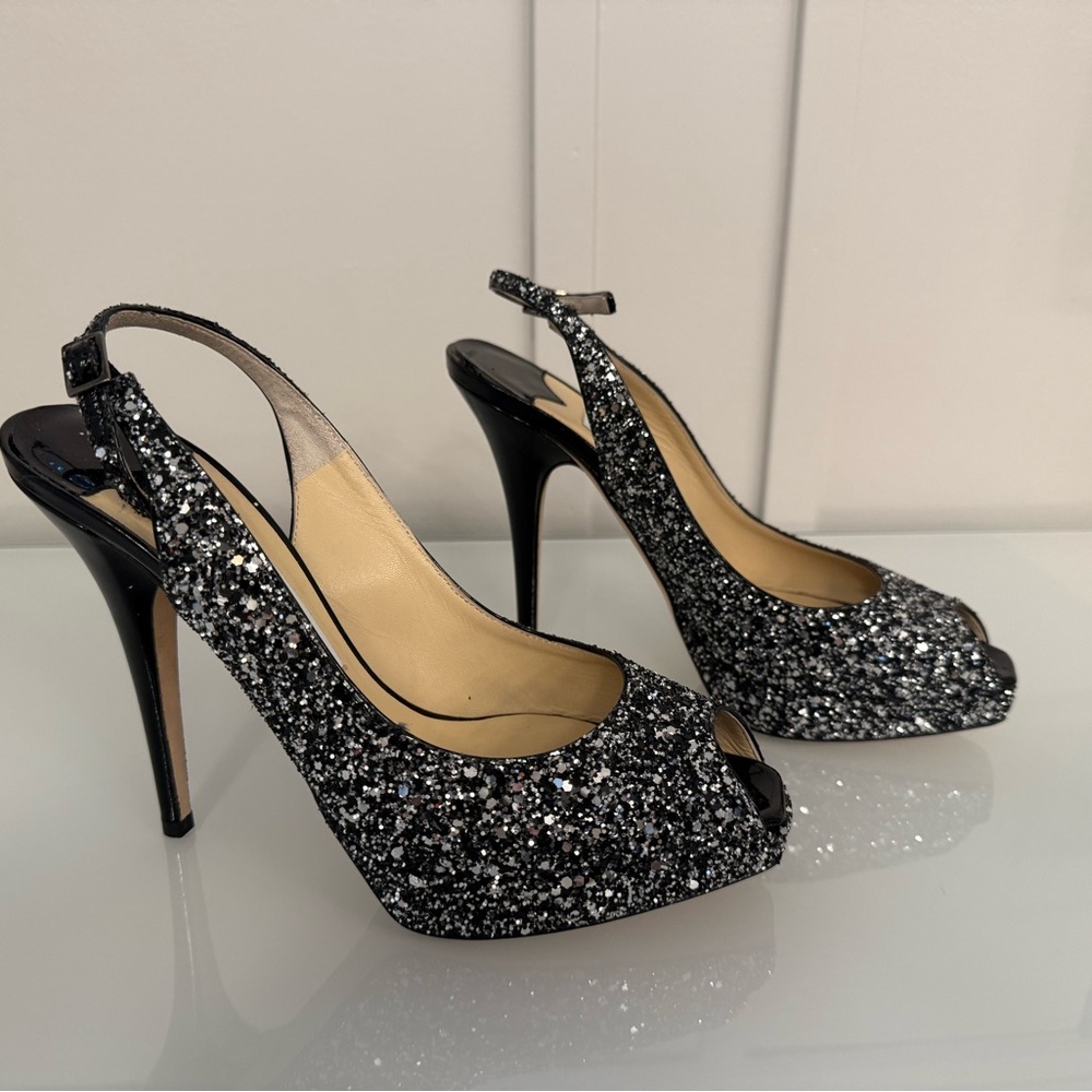 Jimmy Choo Black Glitter Slingback Peep-Toe Heels